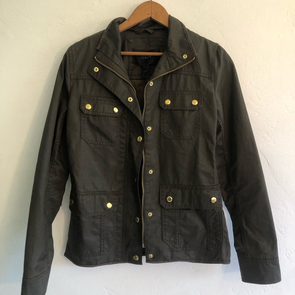 J Crew  Women's Coat Zip Up Jacket Brown Heavy Cotton Buttons Pockets